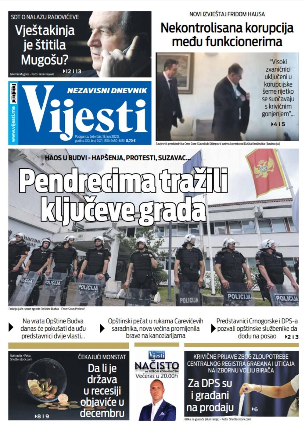 Naslovna strana "Vijesti" za 18. jun 2020., Foto: Vijesti
