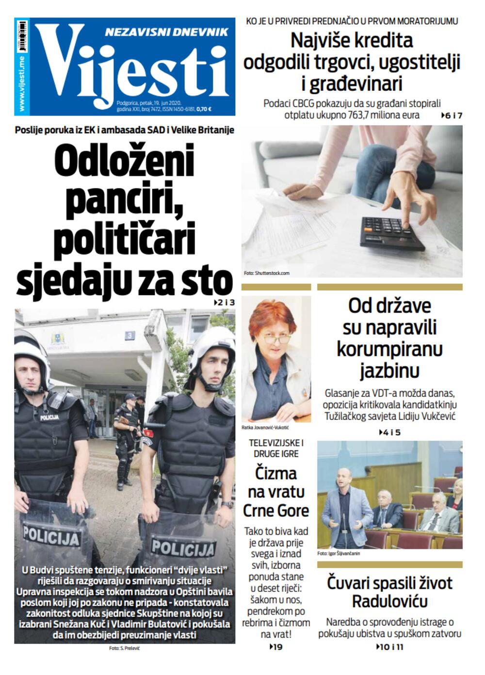 Naslovna strana "Vijesti" za 19. jun 2020., Foto: Vijesti