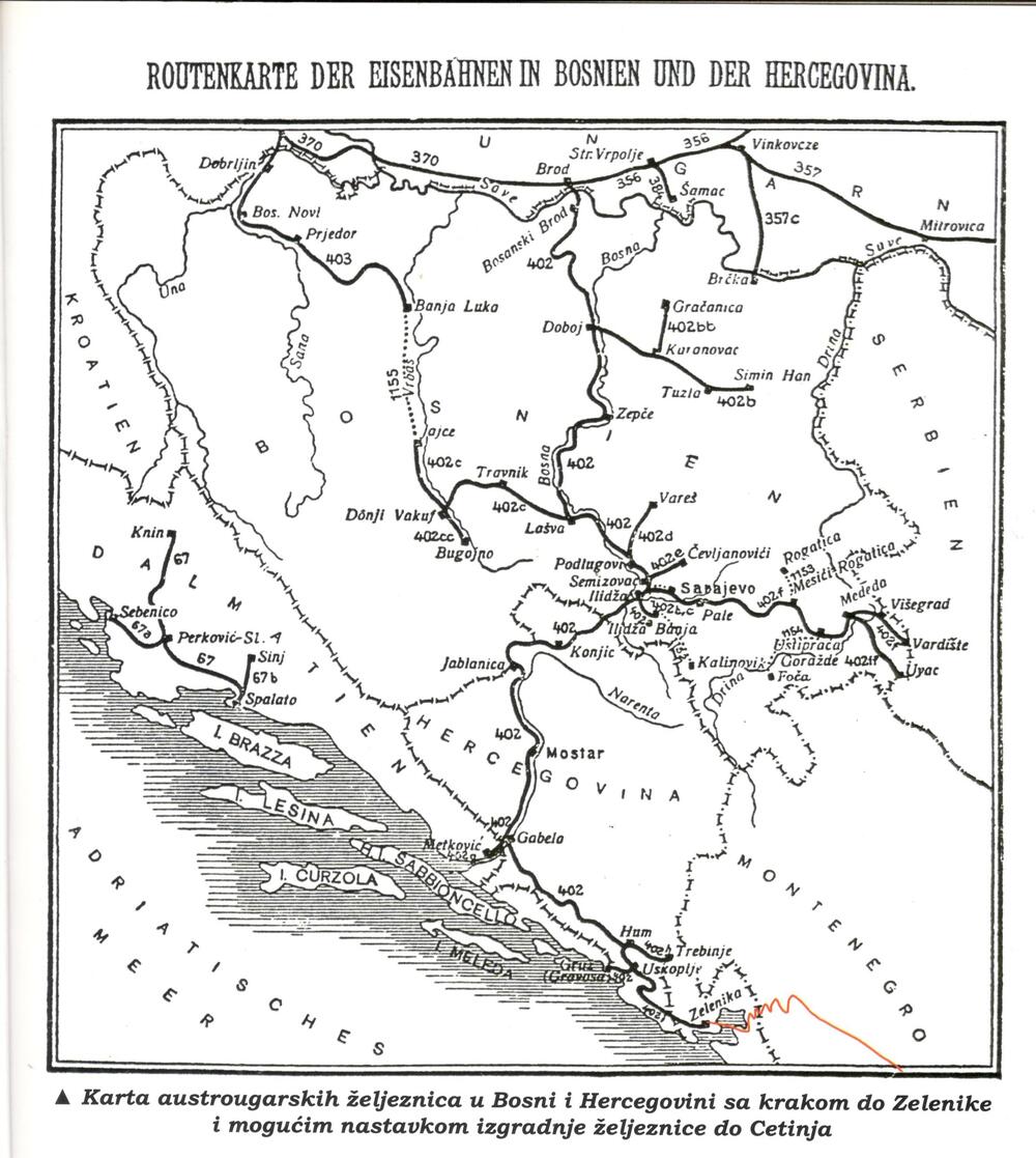  Mapa austrougarskih pruga sa trasom planiranog kraka ka Cetinju
