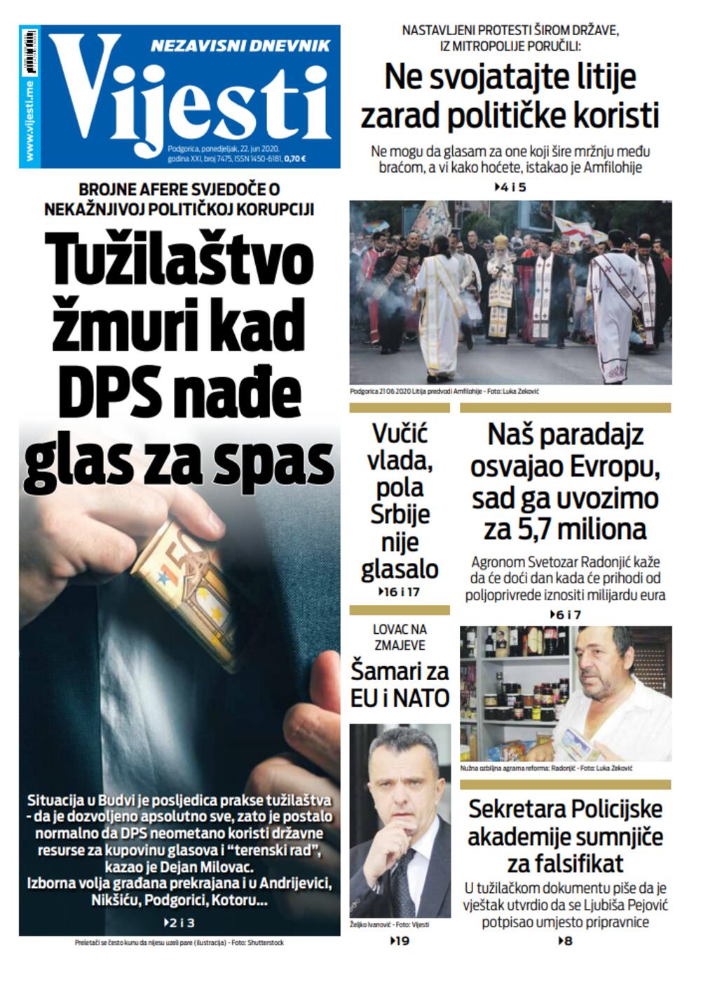 Naslovna strana 22. jun 2020, Foto: Vijesti