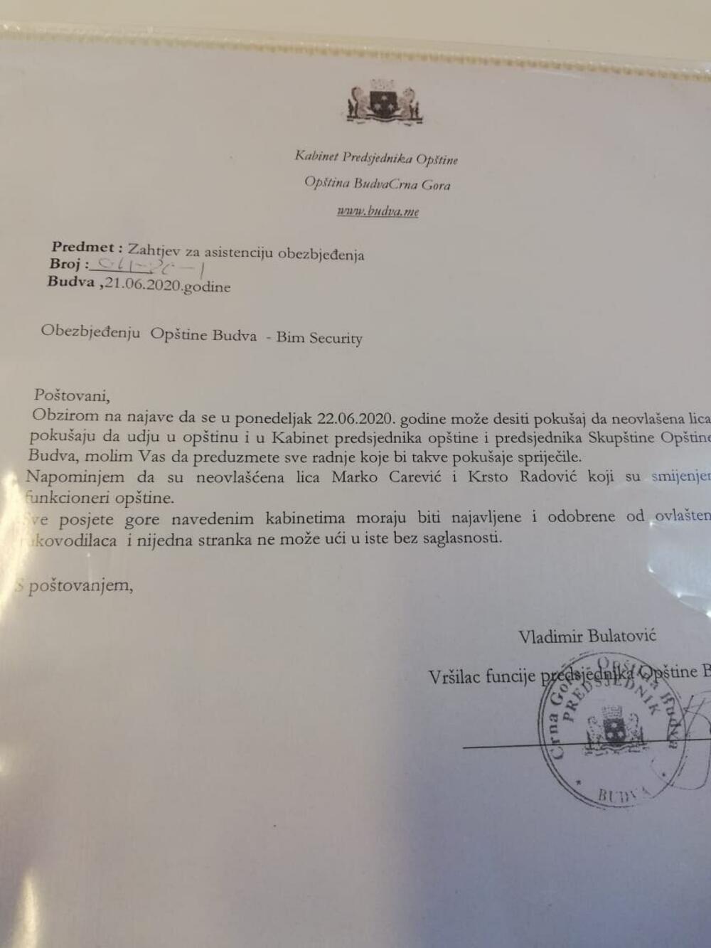 Dopis Bulatovića privatnom obezbjeđenju