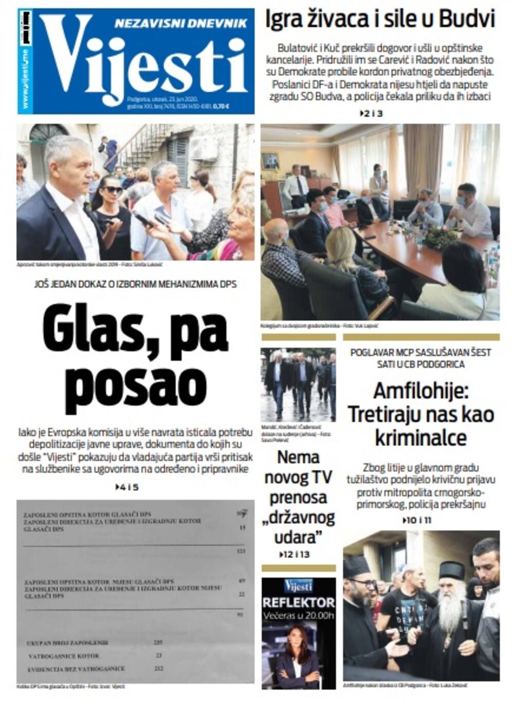 Naslovna strana "Vijesti" za utorak 23. jun 2020. godine, Foto: Vijesti