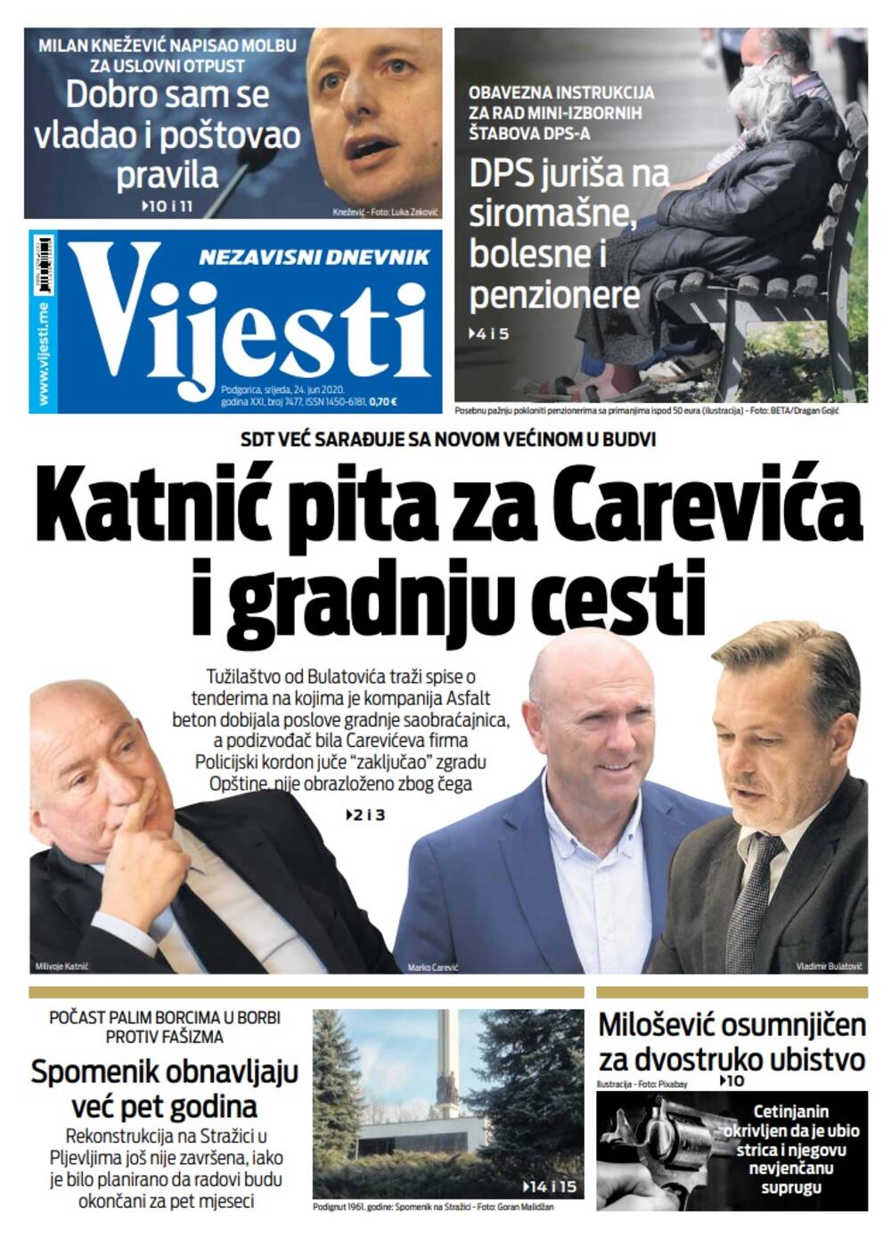 Naslovna strana "Vijesti" za 24. jun 2020., Foto: Vijesti
