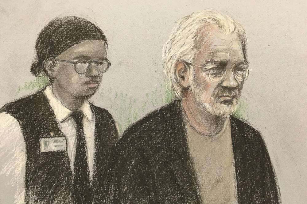 Crtež Asanža iz sudnice, Foto: AP Photo