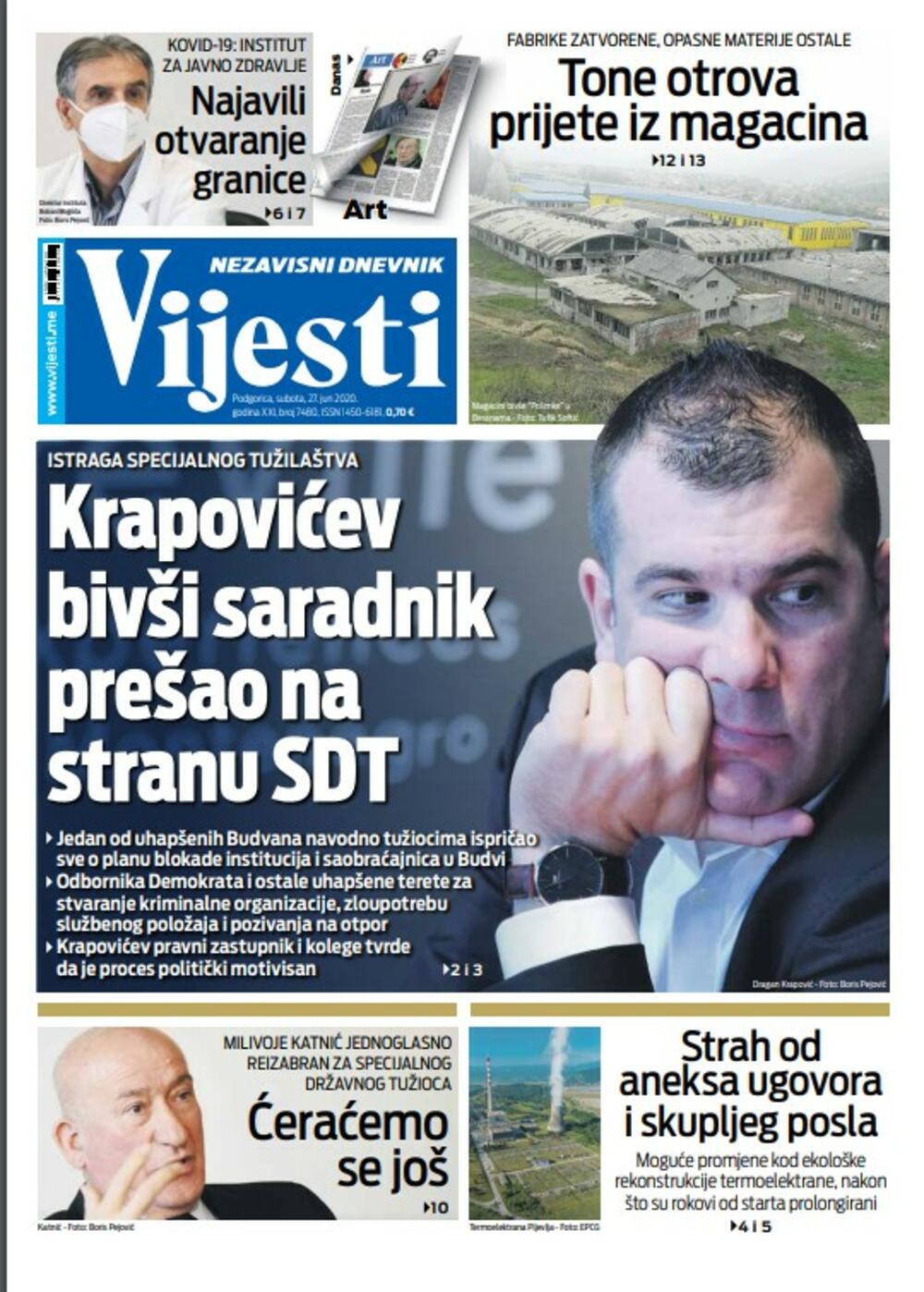 Naslovna strana "Vijesti" za 27. jun 2020., Foto: Vijesti