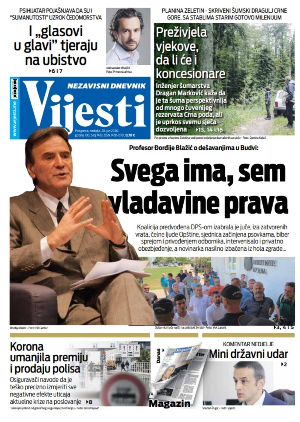 Naslovna strana "Vijesti" za nedjelju 28. jun 2020., Foto: Vijesti