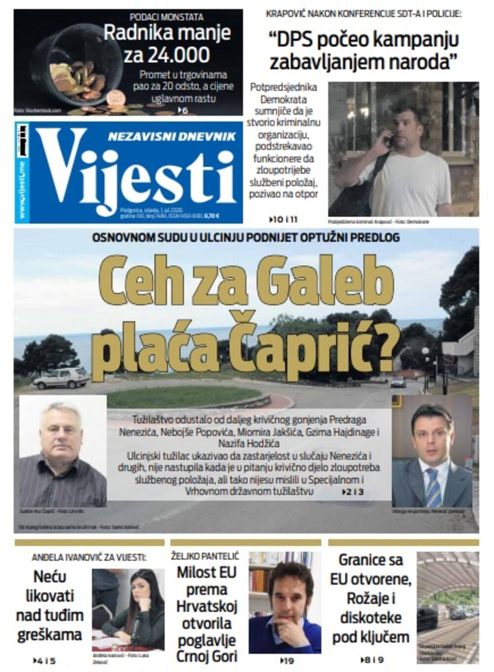Naslovna strana "Vijesti" za srijedu 1. jul 2020. godine, Foto: Vijesti