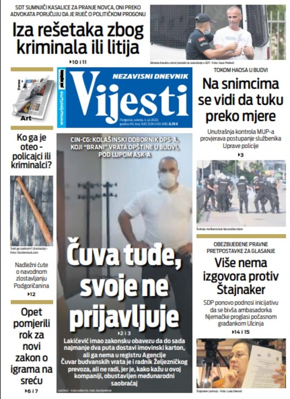 Naslovna strana "Vijesti" za subotu 4. jul 2020. godine, Foto: Vijesti