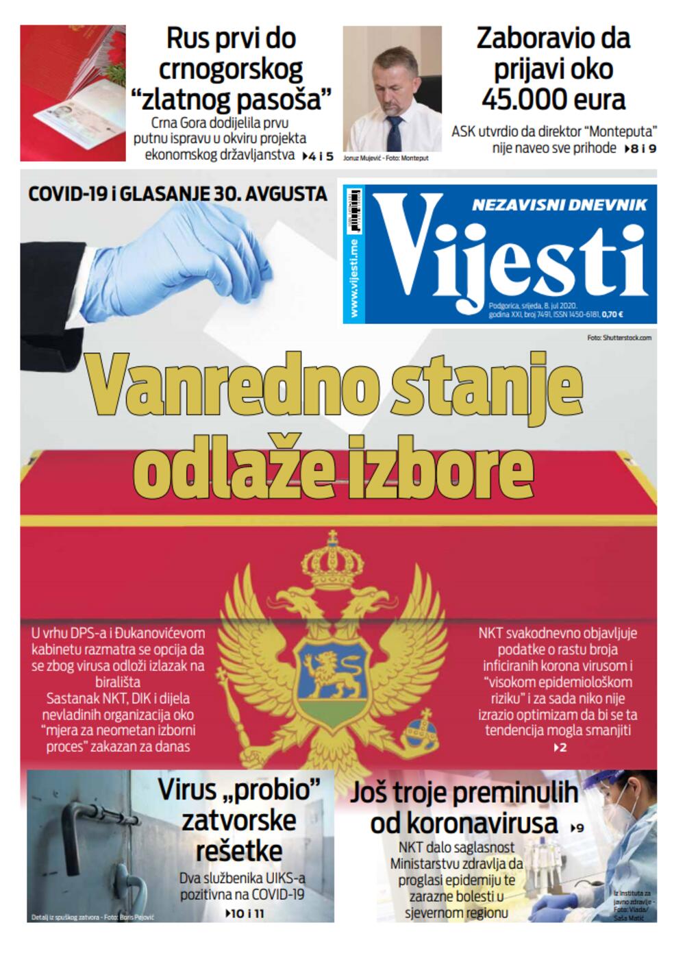Naslovna strana "Vijesti" za 8. jul 2020., Foto: Vijesti