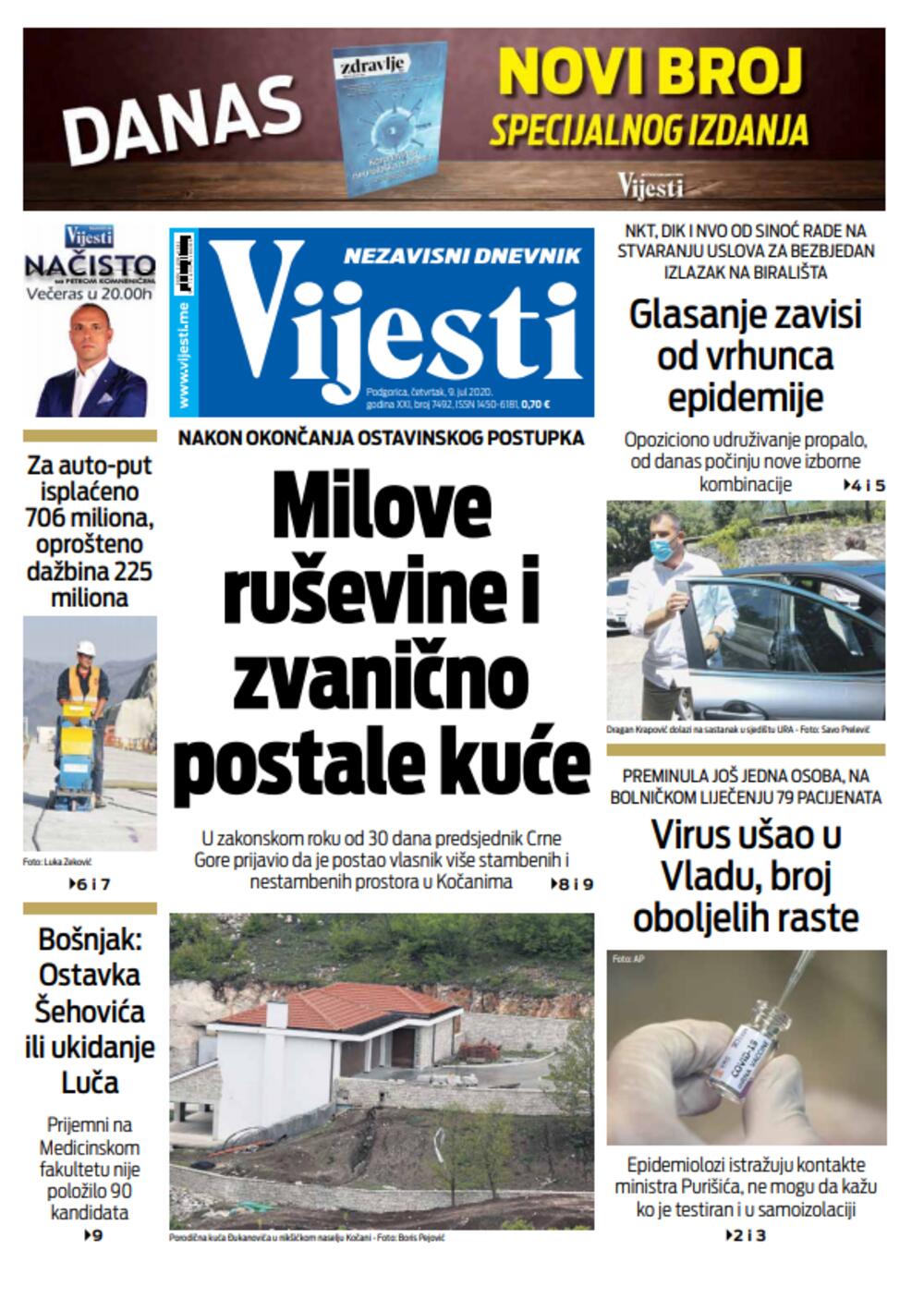 Naslovna strana Vijesti za 9. jul 2020., Foto: Vijesti