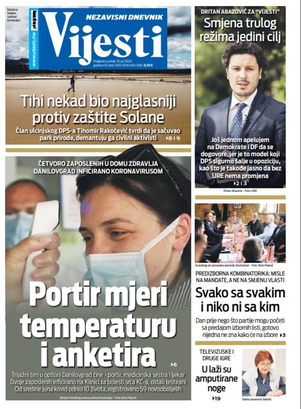 Naslovna strana "Vijesti" za petak 10. jul 2020. godine, Foto: Vijesti