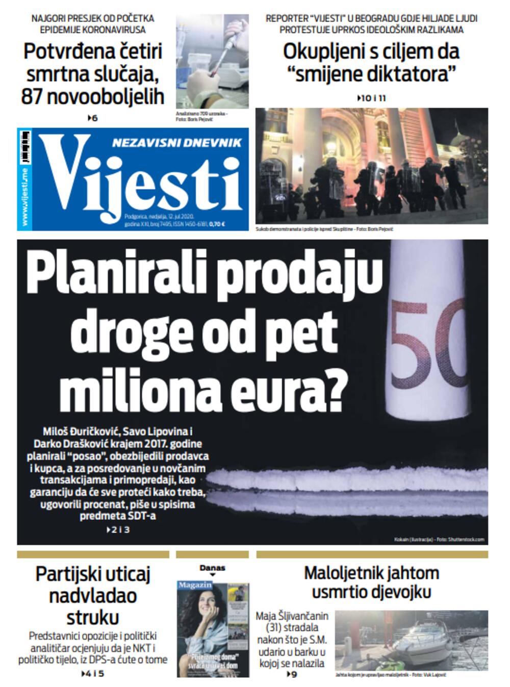 Naslovna strana "Vijesti" za 12. jul, Foto: Vijesti