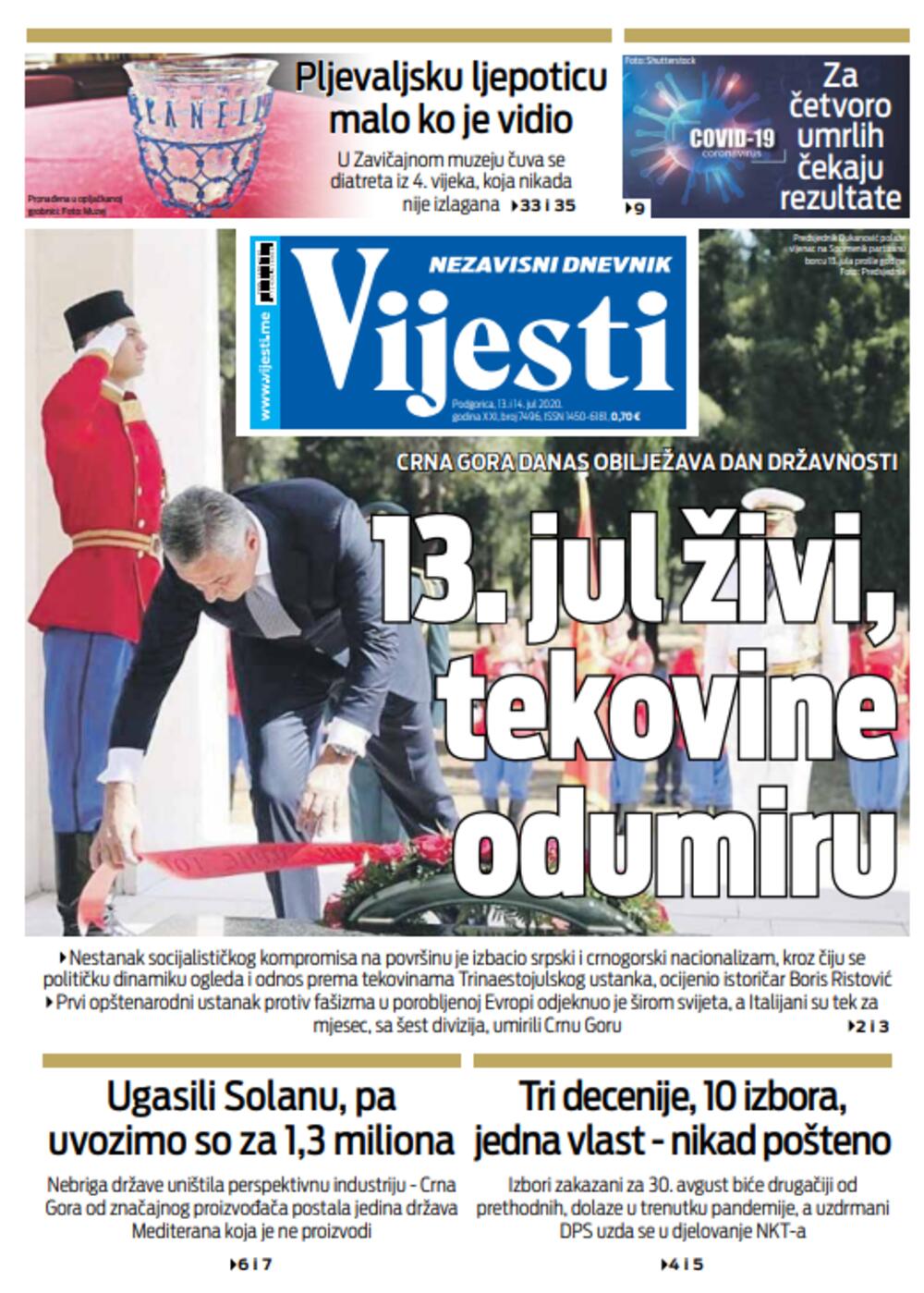 Naslovna strana "Vijesti" za 13. i 14. jul, Foto: Vijesti
