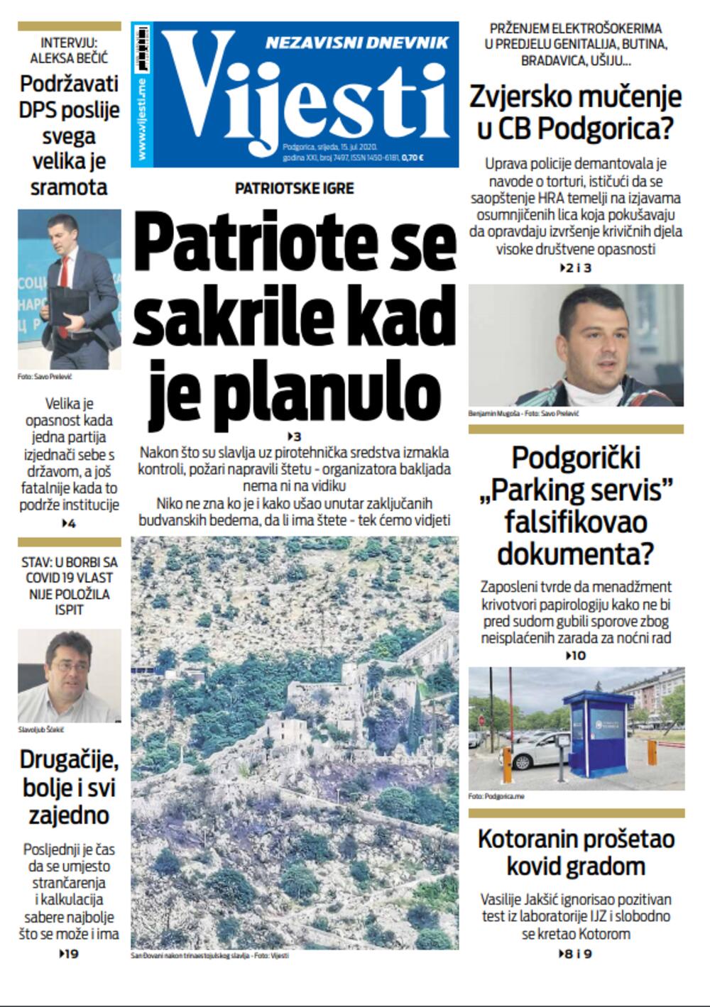 Naslovna strana "Vijesti" za 15.7.2020., Foto: Vijesti