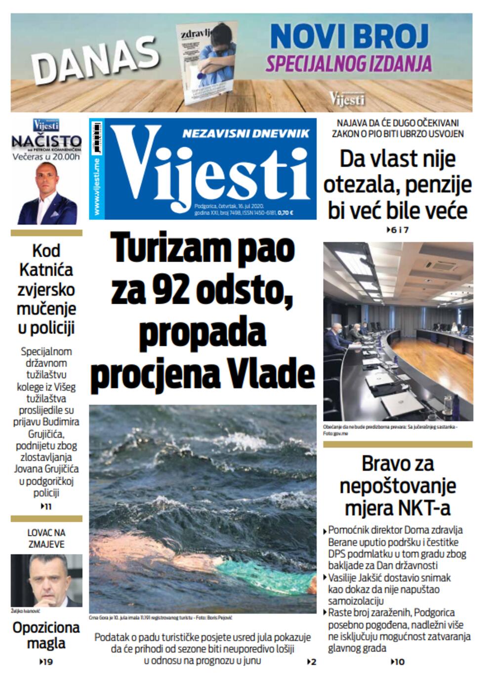 Naslovna strana "Vijesti" za 16.7.2020., Foto: Viejsti