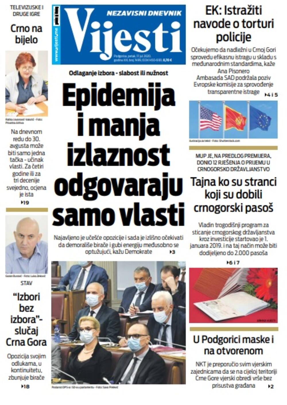 Naslovna strana "Vijesti" za petak 17. jul 2020. godine, Foto: Vijesti