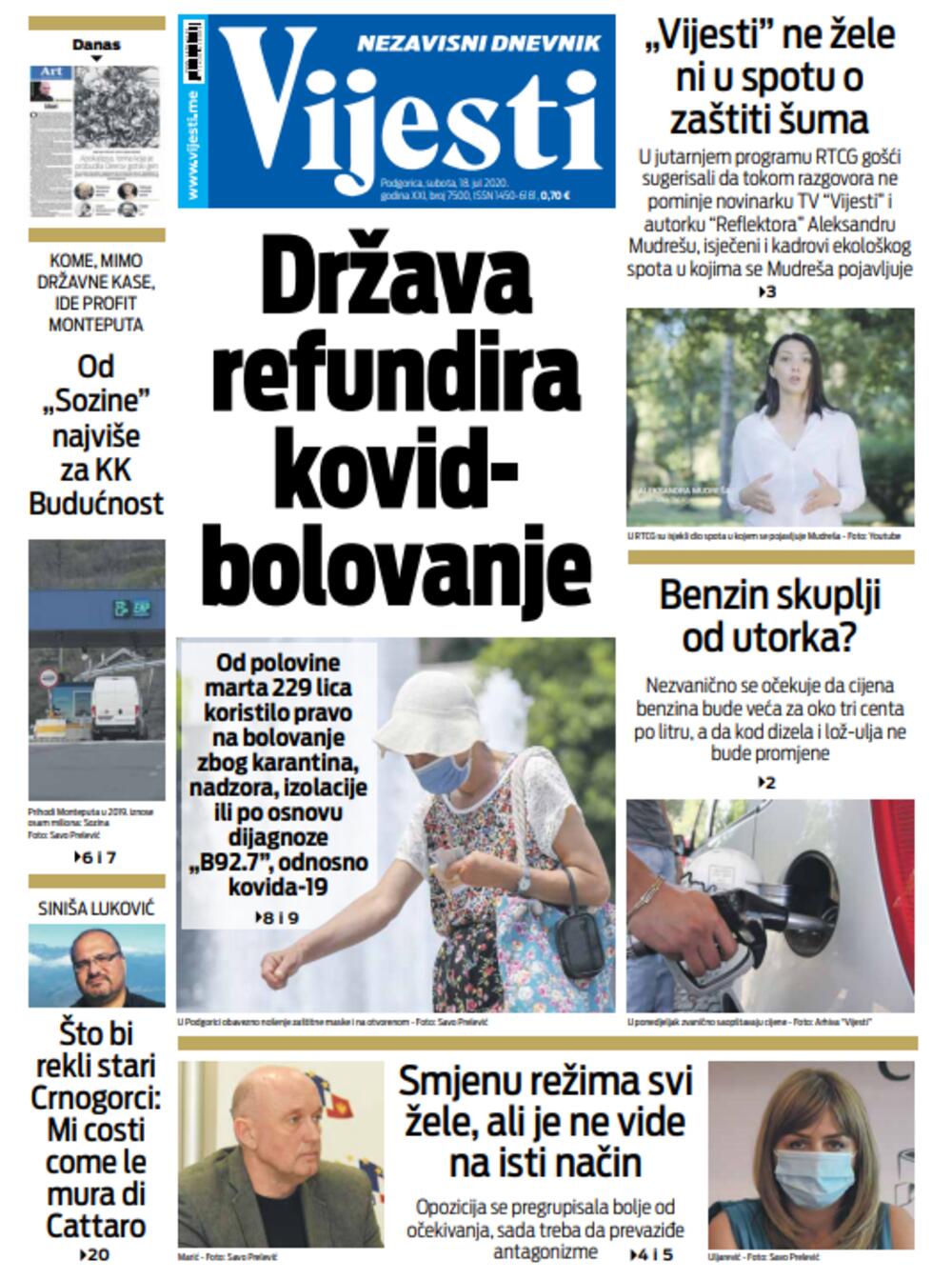 Naslovna strana "Vijesti" za 18. jul, Foto: Vijesti