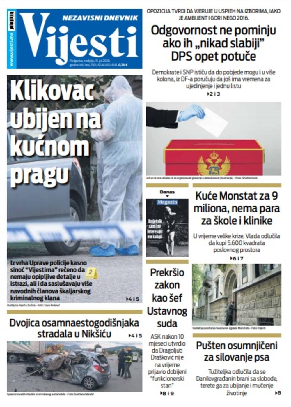 Naslovna strana "Vijesti" za 19. jul, Foto: Vijesti