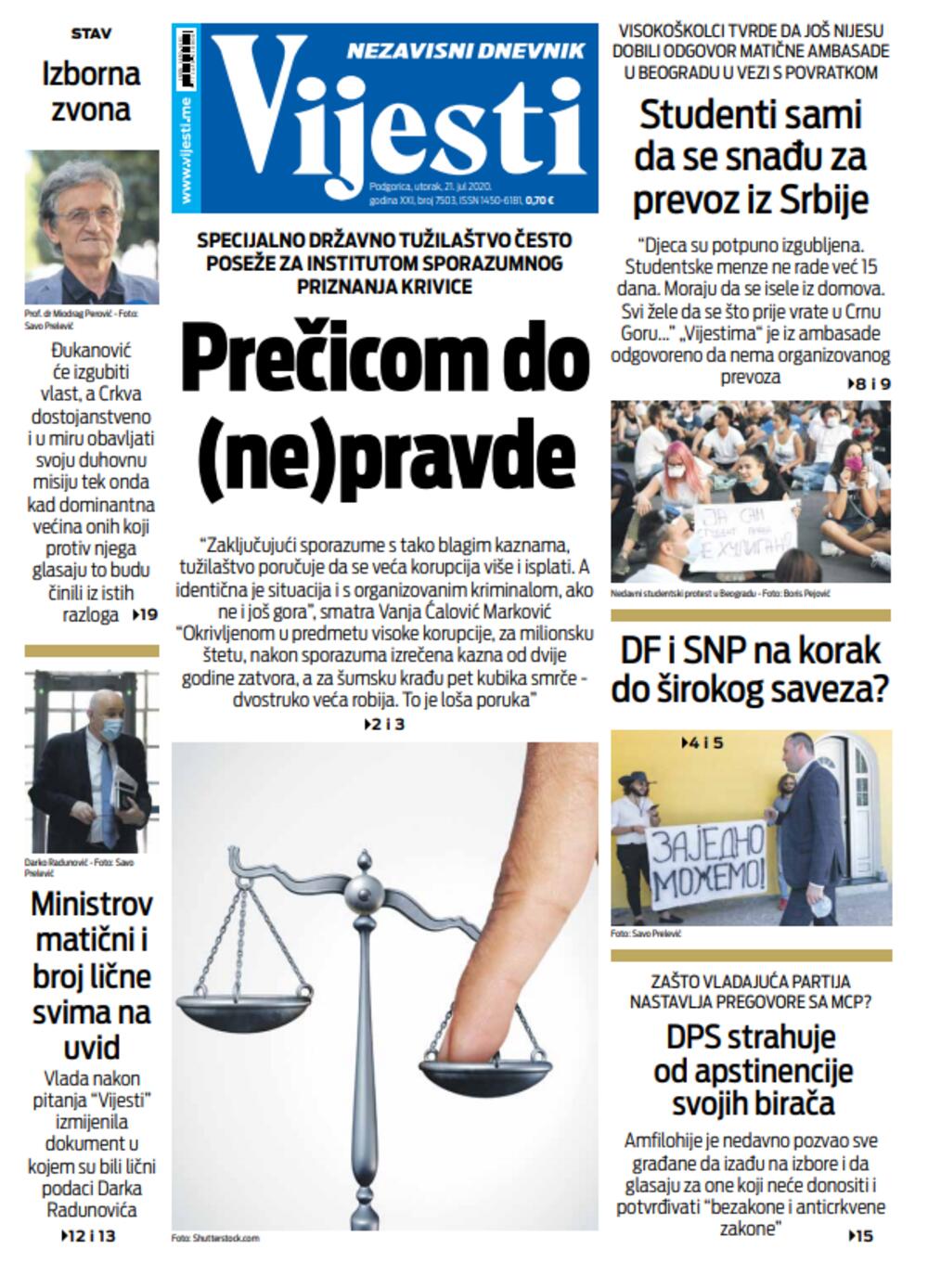 Naslovna strana "Vijesti" 21. 7. 2020., Foto: Vijesti