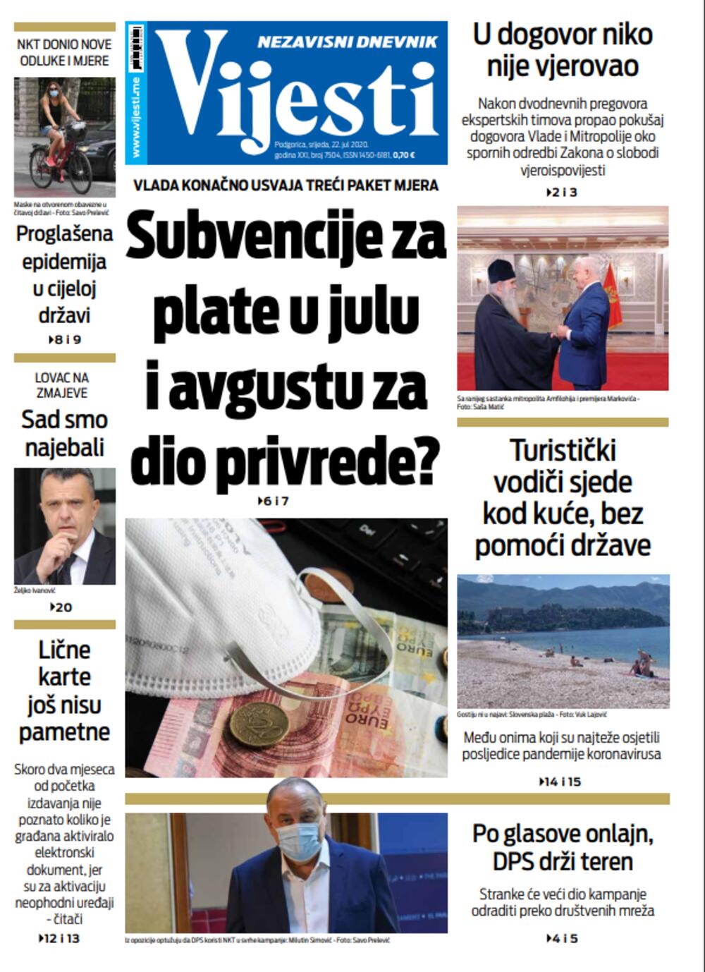 Naslovna strana "Vijesti" 22.7.2020., Foto: Vijesti