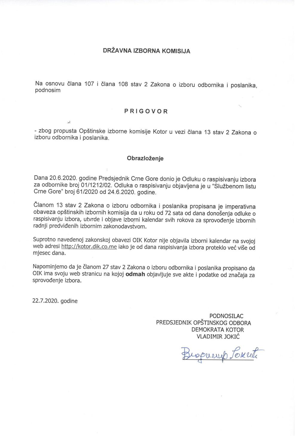 Prigovor Vladimira Jokića, predsjednik kotorskih Demokrata