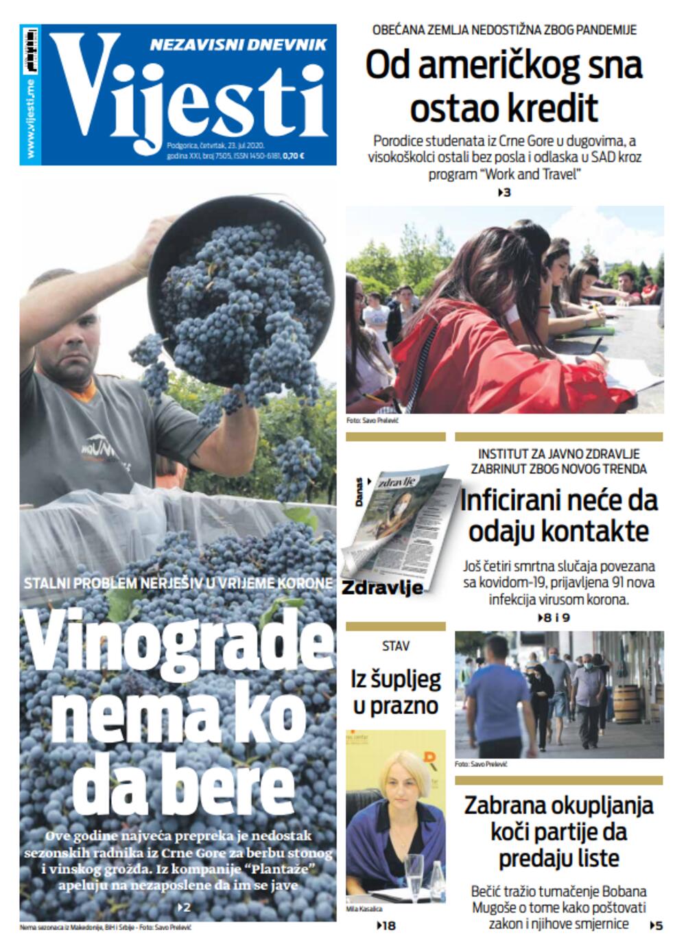 Naslovna strana "Vijesti" za 23. jul, Foto: Vijesti