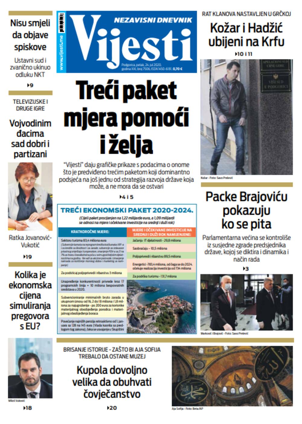 Naslovna strana "Vijesti" za 24. jul, Foto: Vijesti