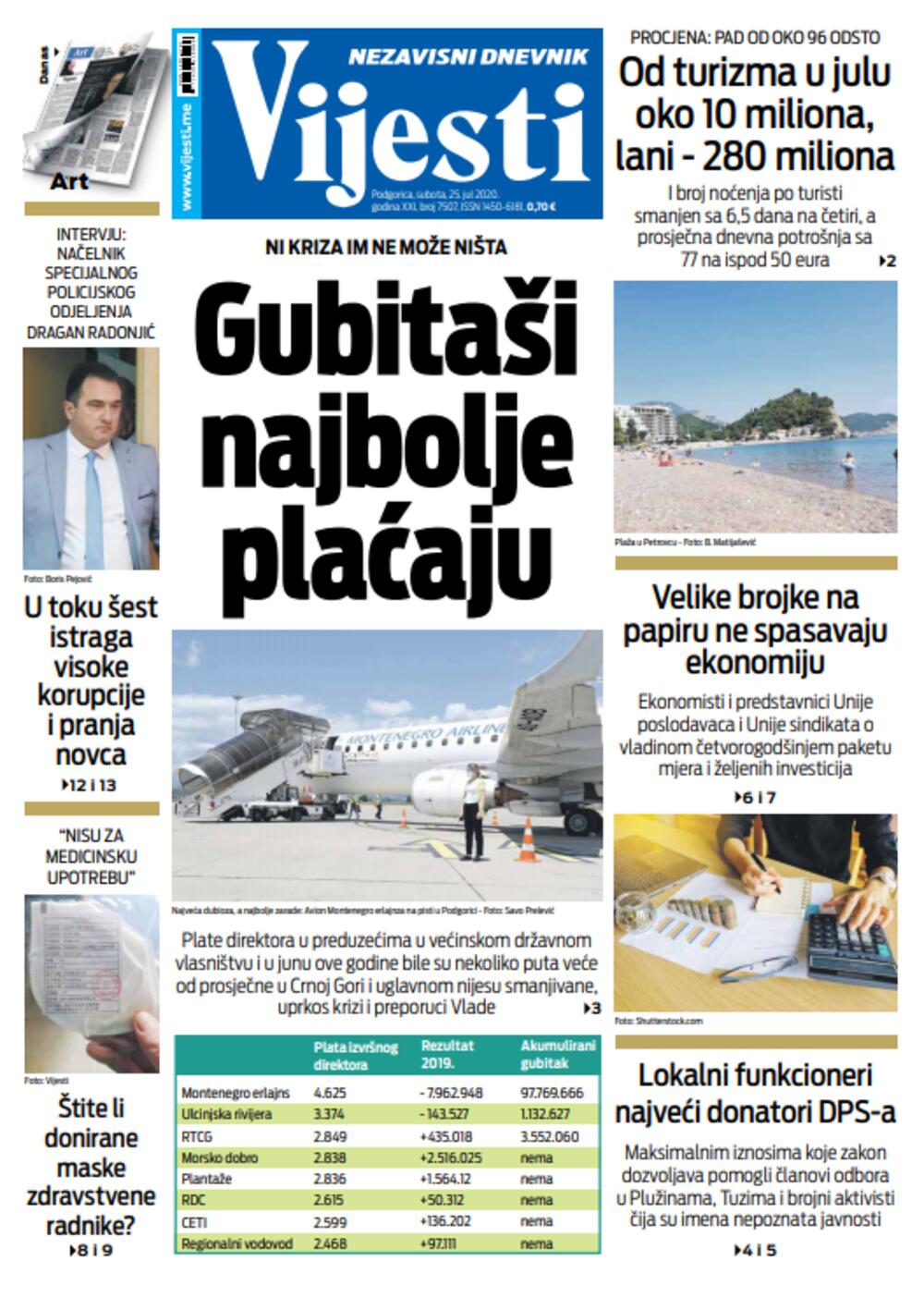 Naslovna strana "Vijesti" za 25. jul, Foto: Vijesti