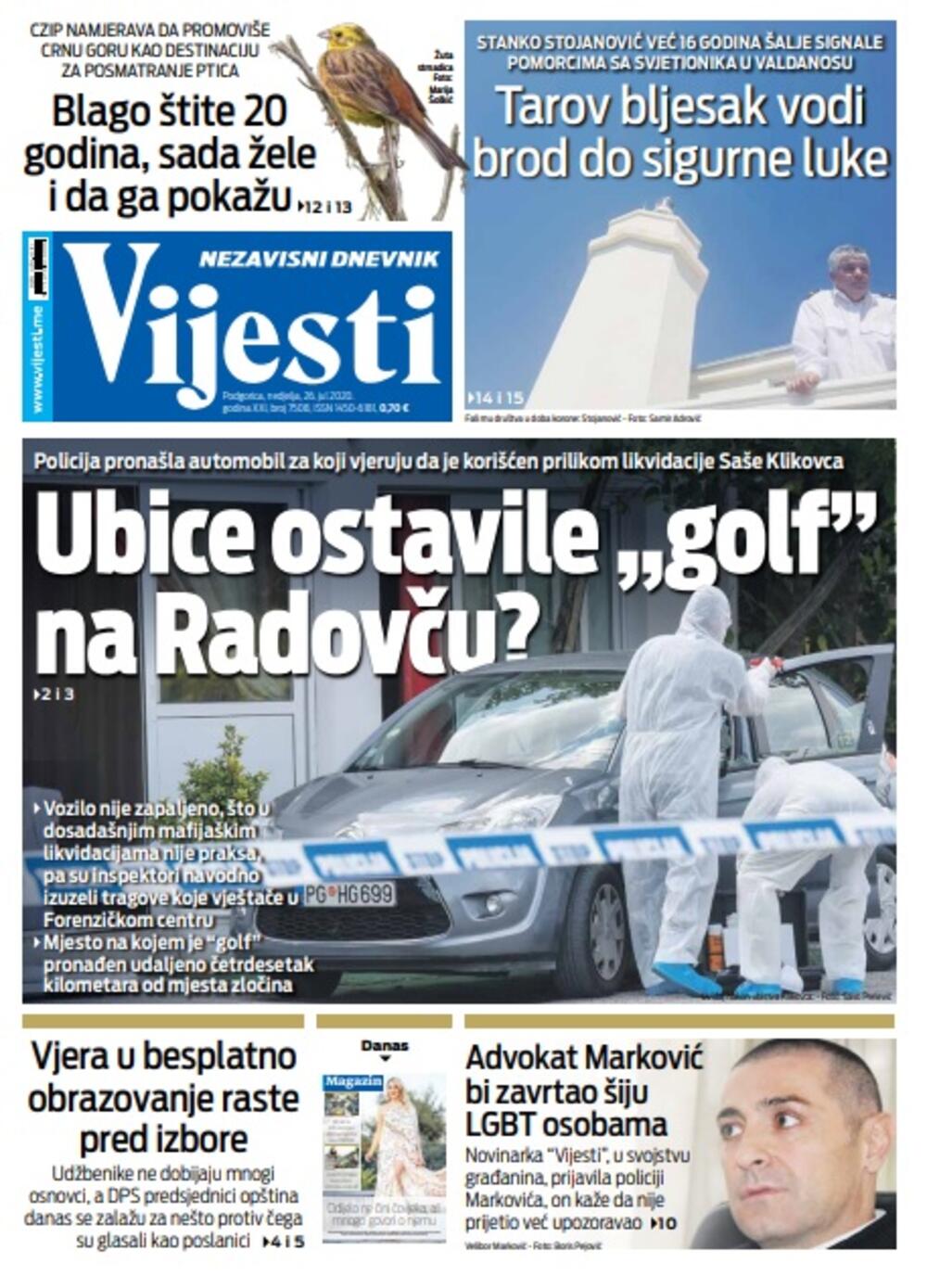 Naslovna strana "Vijesti" za 26. jul, Foto: Vijesti