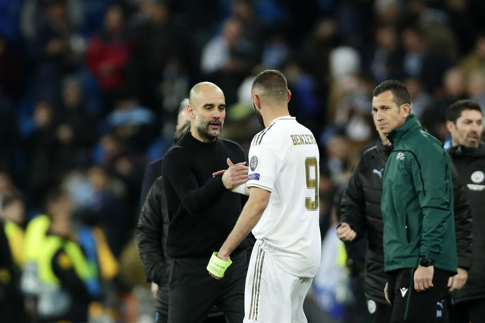 Gvardiola i Benzema nakon meča u Madridu, Foto: AP