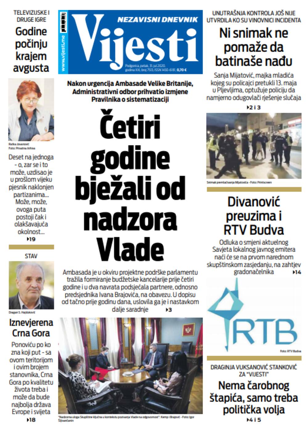 Naslovna strana "Vijesti" za 31. jul, Foto: Vijesti