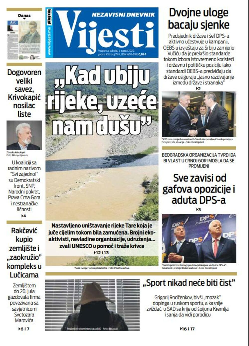 Naslovna strana za 1. avgust 2020., Foto: Vijesti
