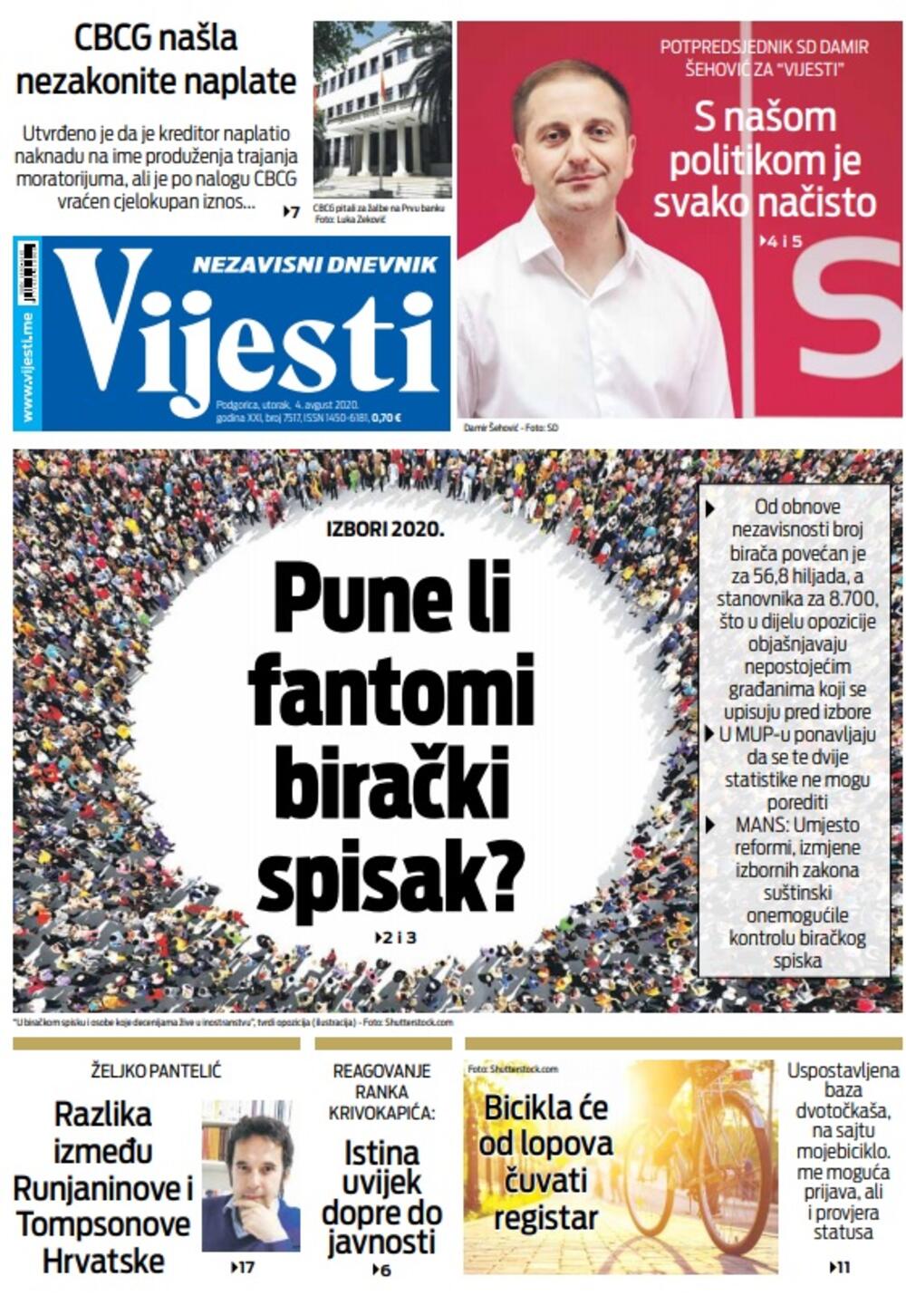 Naslovna strana "Vijesti" za utorak 4. avgust 2020. godine, Foto: Vijesti