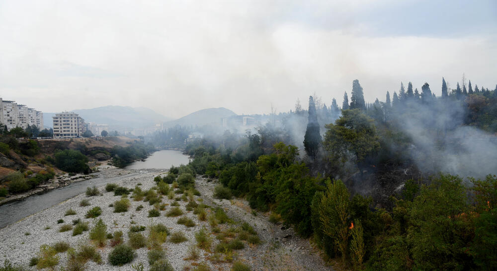 <p>Podgorički vatrogasci gase vatru koja je zahvatila travu, nisko rastinje i drveće i u blizini centra pored mosta Milenijuma</p>
