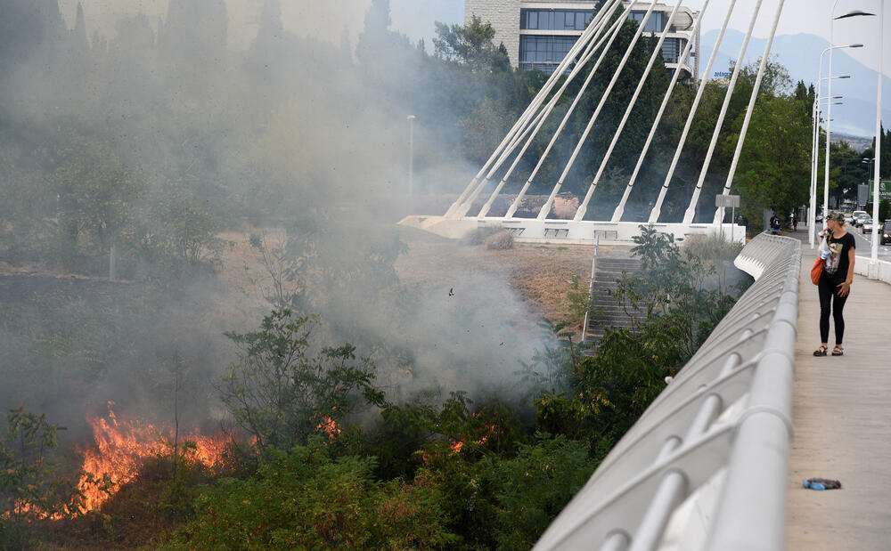 <p>Podgorički vatrogasci gase vatru koja je zahvatila travu, nisko rastinje i drveće i u blizini centra pored mosta Milenijuma</p>