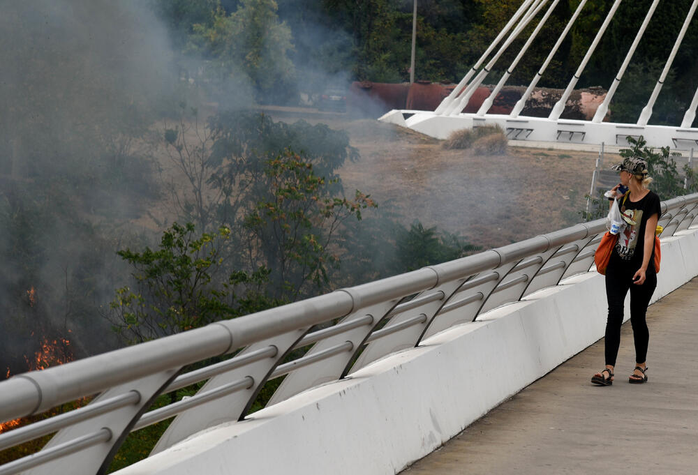 <p>Podgorički vatrogasci gase vatru koja je zahvatila travu, nisko rastinje i drveće i u blizini centra pored mosta Milenijuma</p>