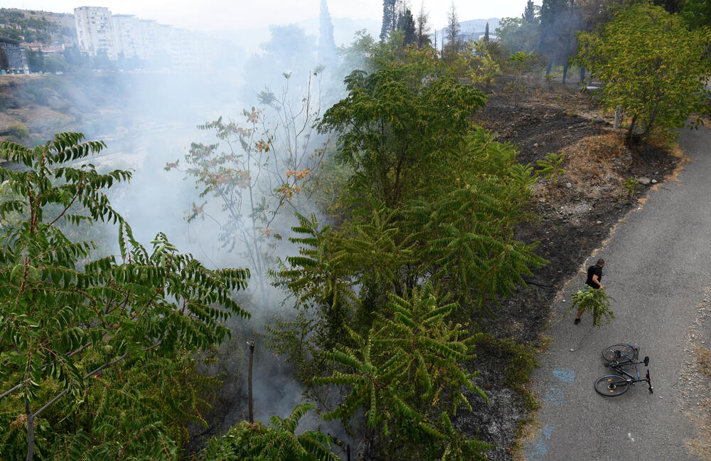 <p>Podgorički vatrogasci gase vatru koja je zahvatila travu, nisko rastinje i drveće i u blizini centra pored mosta Milenijuma</p>