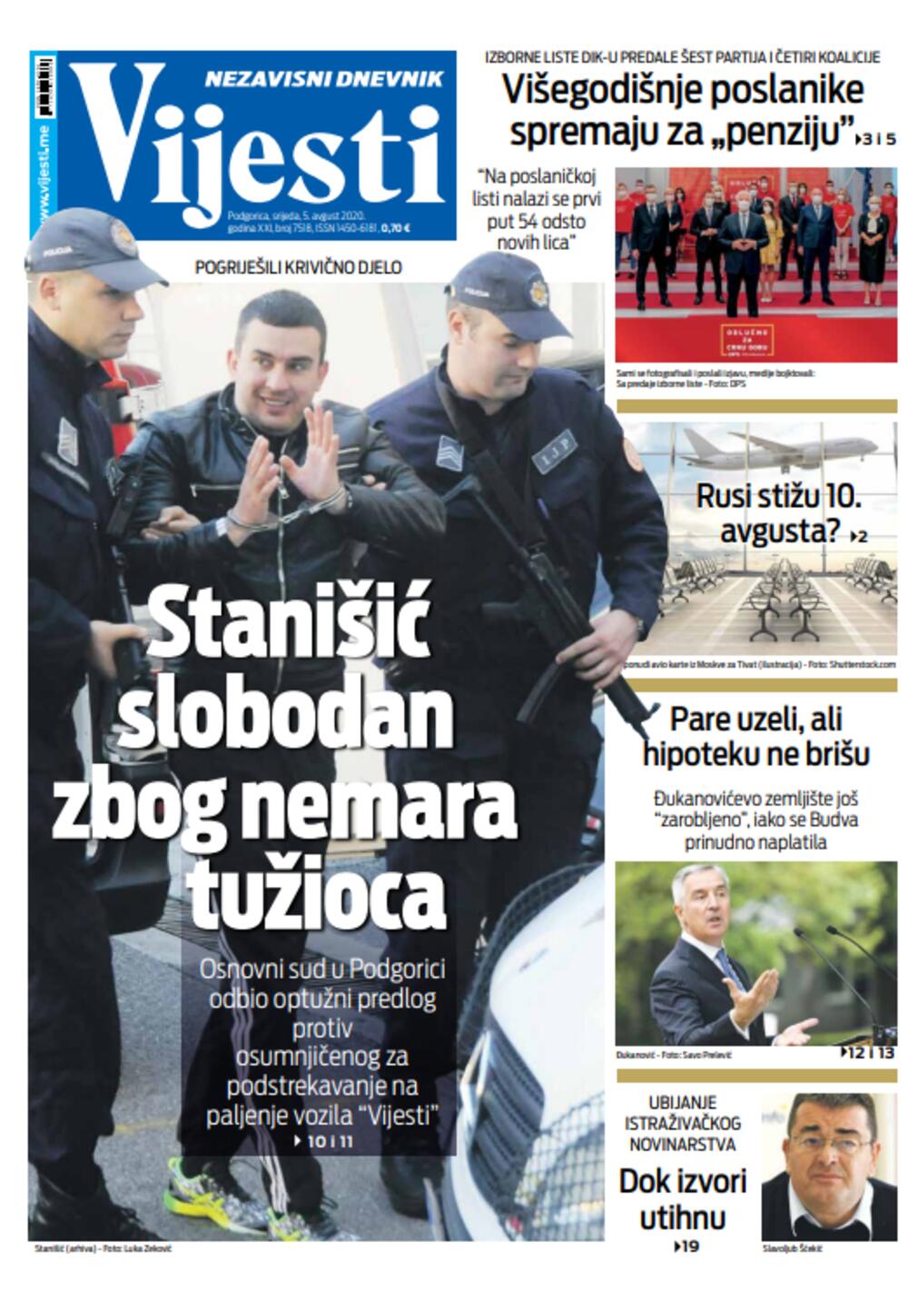 Naslovna strana "Vijesti" za peti avgust 2020. godine, Foto: Vijesti