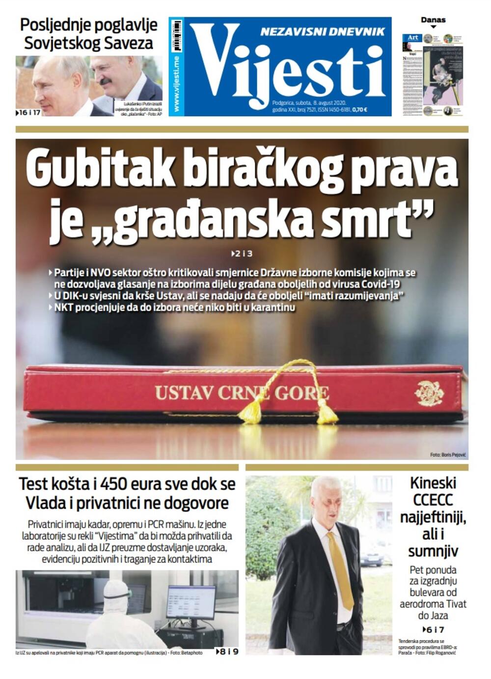Naslovna strana "Vijesti" za 8. avgust, Foto: Vijesti