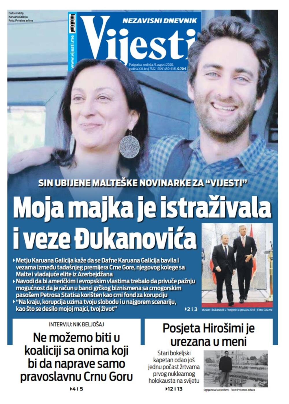 Naslovna strana "Vijesti" za 9. avgust, Foto: Vijesti