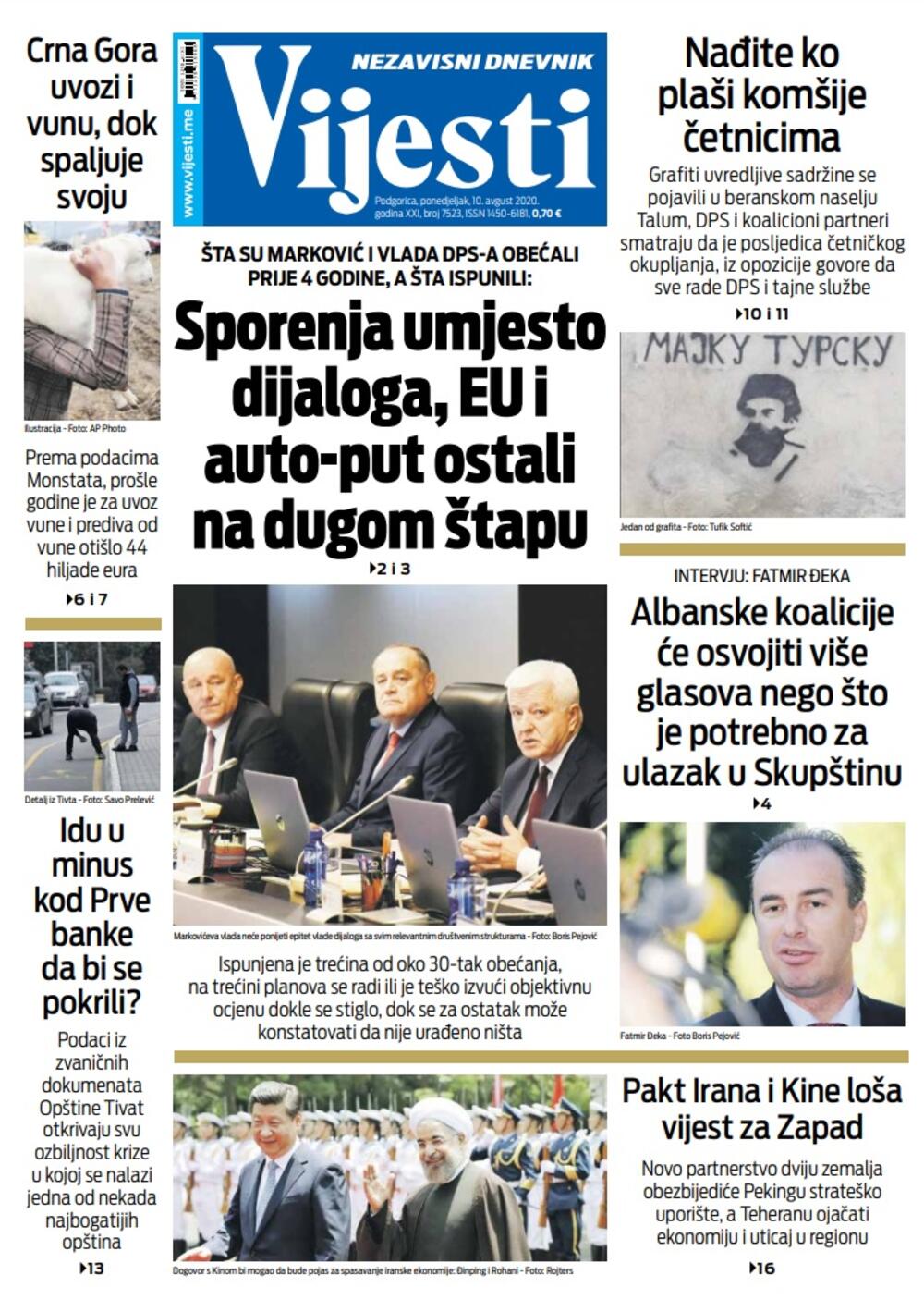 Naslovna strana "Vijesti" za 10. avgust, Foto: Vijesti