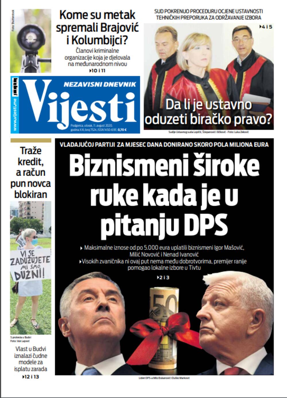 Naslovna strana "Vijesti" za 11. avgust, Foto: Vijesti