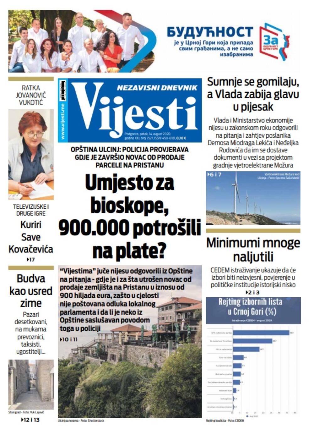 Naslovna strana "Vijesti" za 14. avgus 2020., Foto: Vijesti