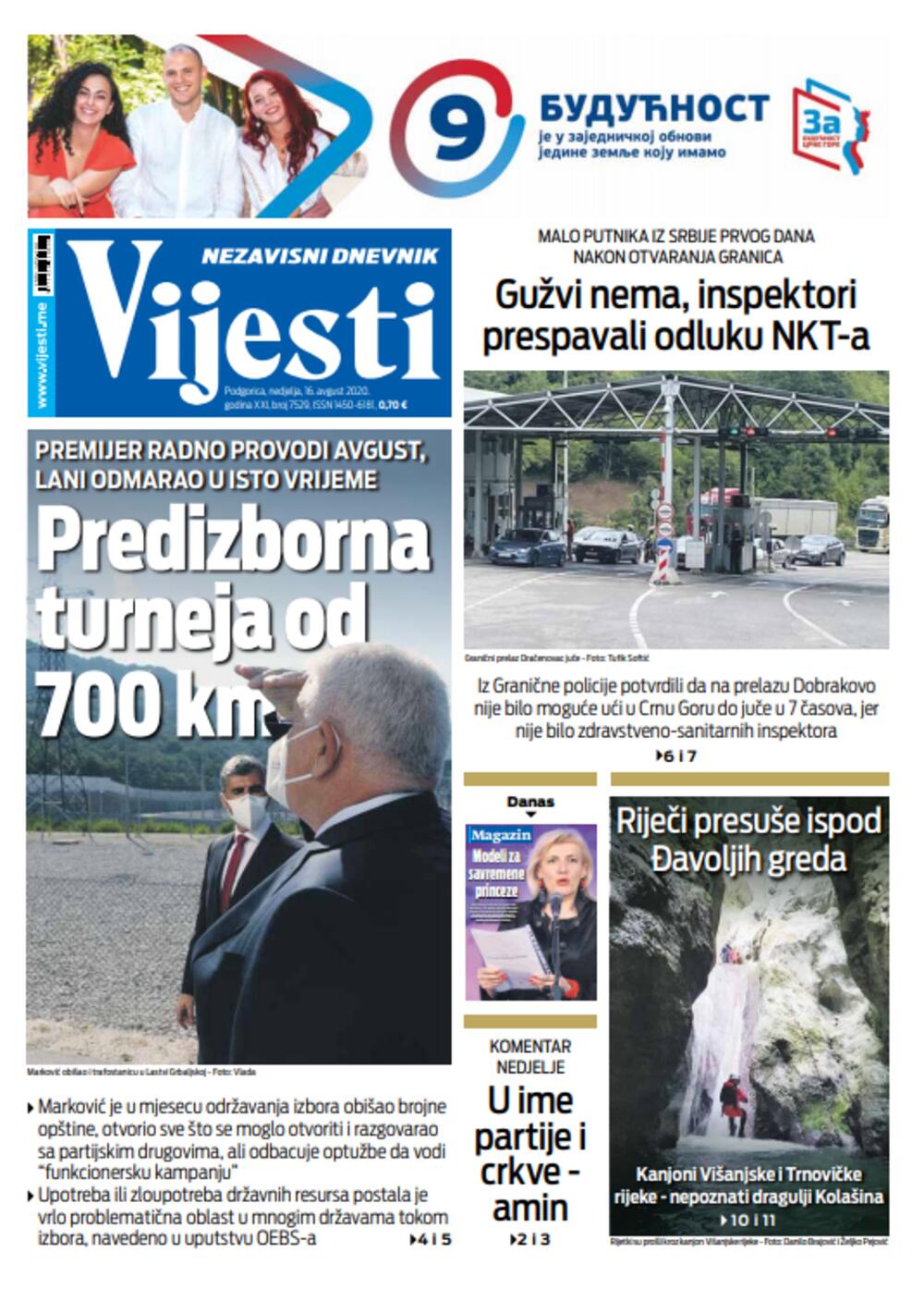 Naslovna strana "Vijesti" za 16. avgust, Foto: Vijesti