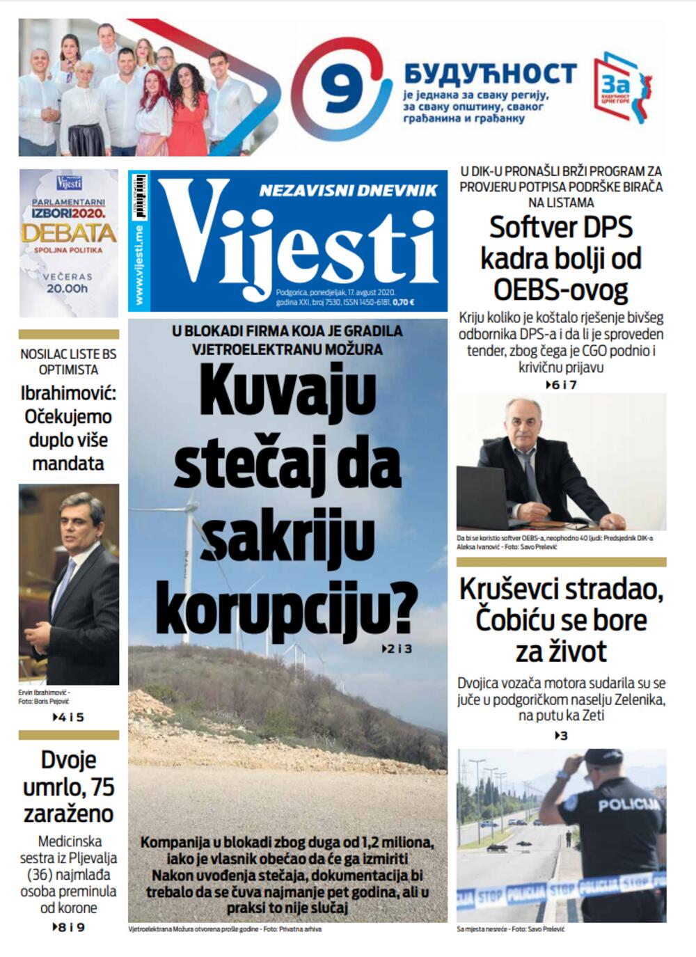 Naslovna strana "Vijesti" za 17. avgust, Foto: Vijesti