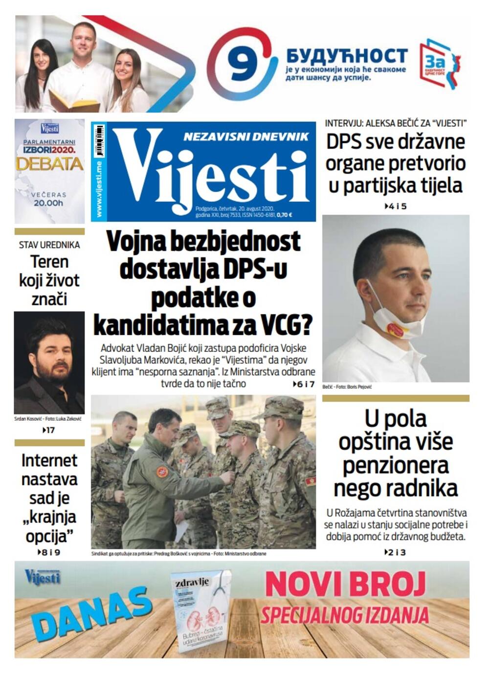 Naslovna strana "Vijesti" za 20. avgust 2020., Foto: Vijesti