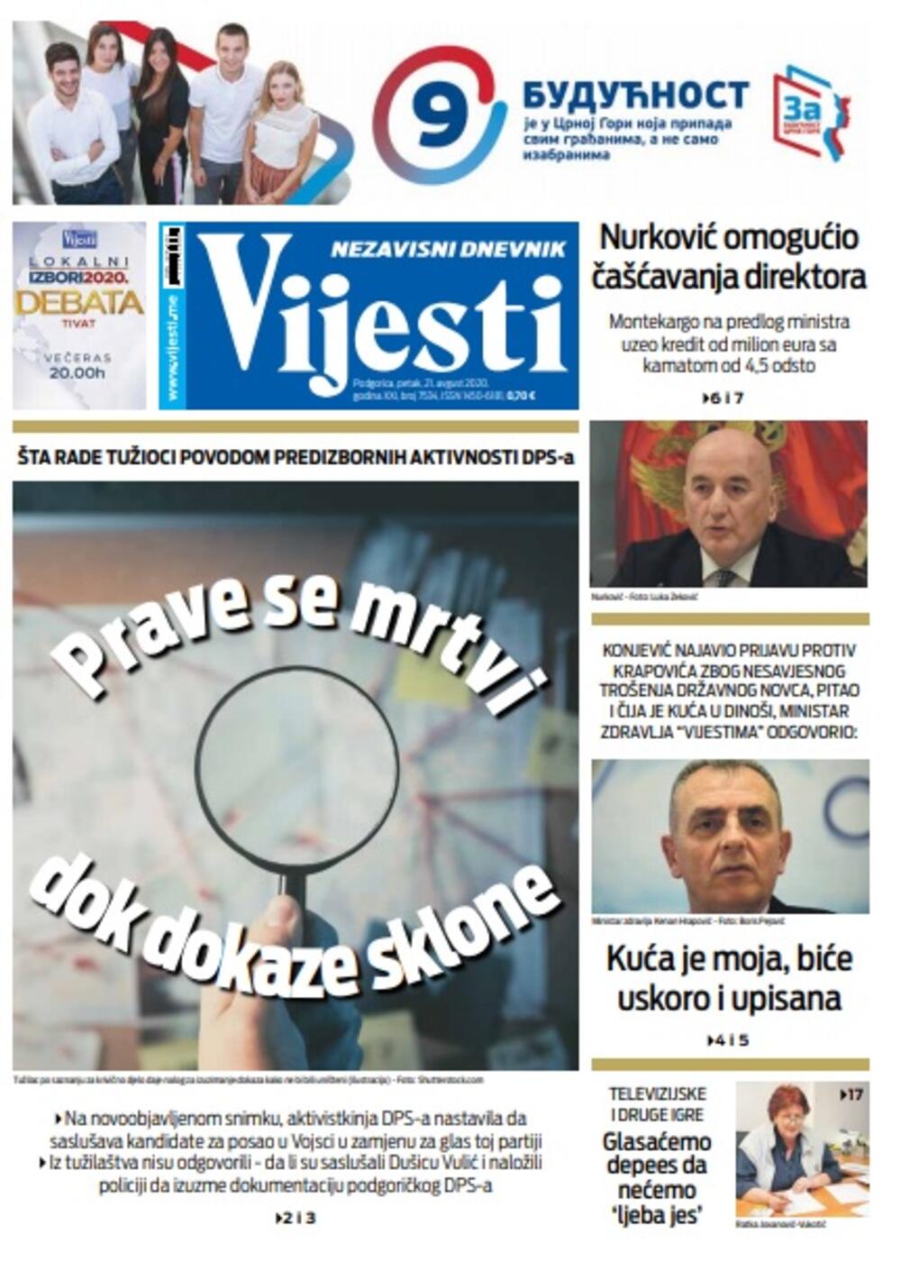 Naslovna strana "Vijesti" za petak 21. avgust 2020. godine, Foto: Vijesti