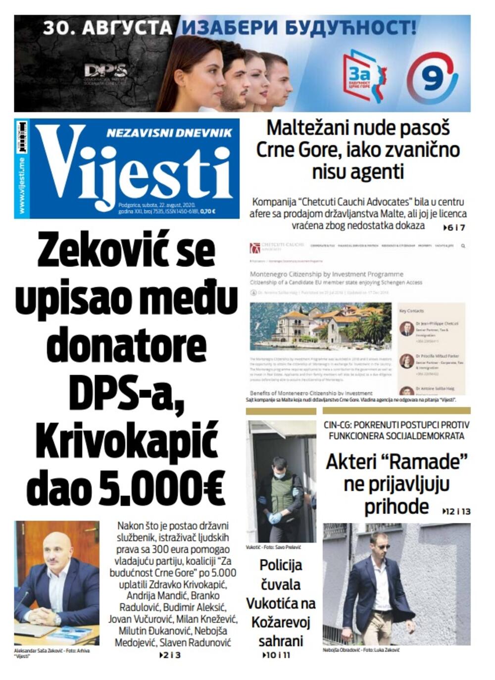Naslovna strana "Vijesti" za subotu 22. avgust 2020. godine, Foto: Vijesti