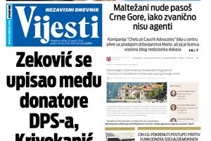 Naslovna strana "Vijesti" za subotu 22. avgust 2020. godine