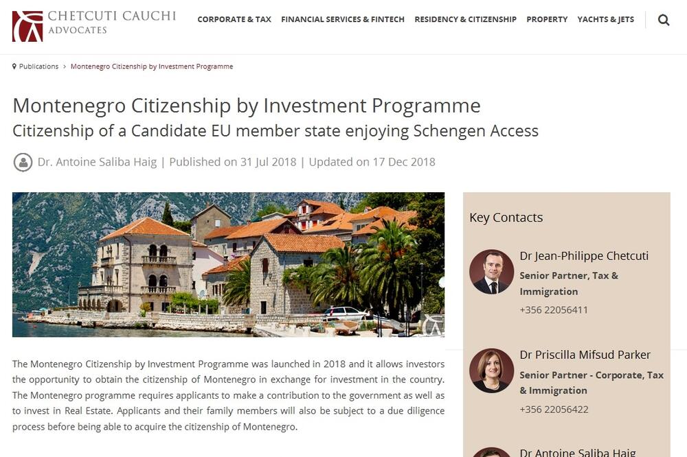 Sajt kompanije sa Malte koja nudi državljanstvo Crne Gore. Vladina agencija ne odgovara na pitanja “Vijesti”, Foto: Vijesti